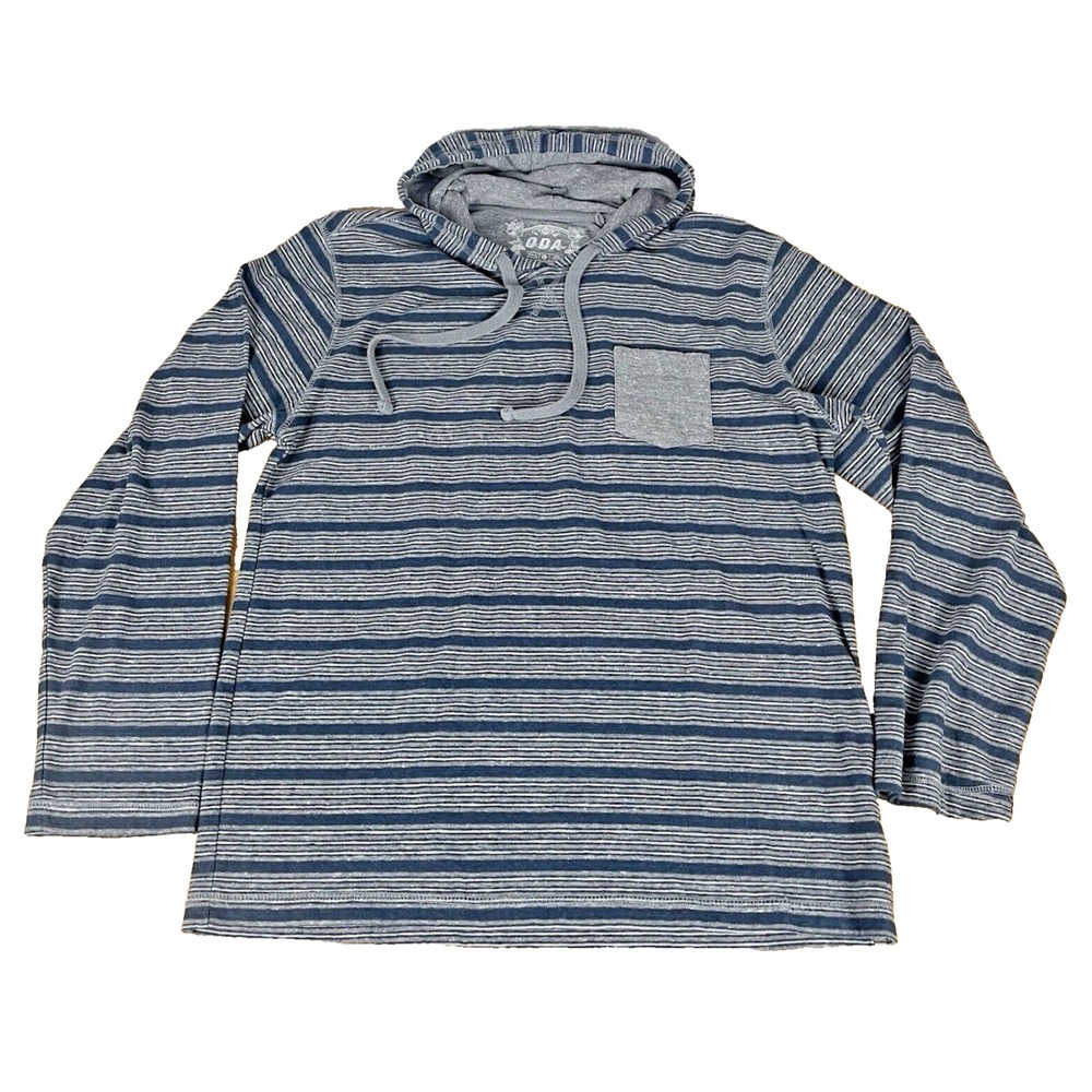 One Way Men XL Blue Gray Striped Long Sleeve Hooded T-Shirt Pocket Hoodie 272804